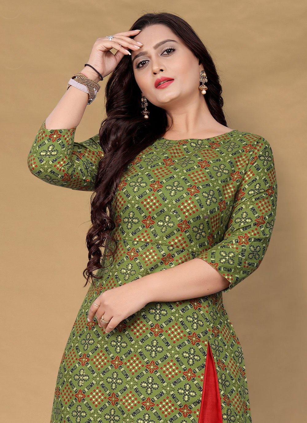 Casual Kurti Cotton Green Foil Print Kurtis