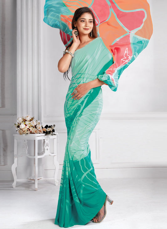 Classic Faux Crepe Green Print Saree