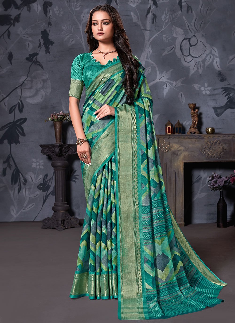 Designer Cotton Linen Green Digital Print Saree