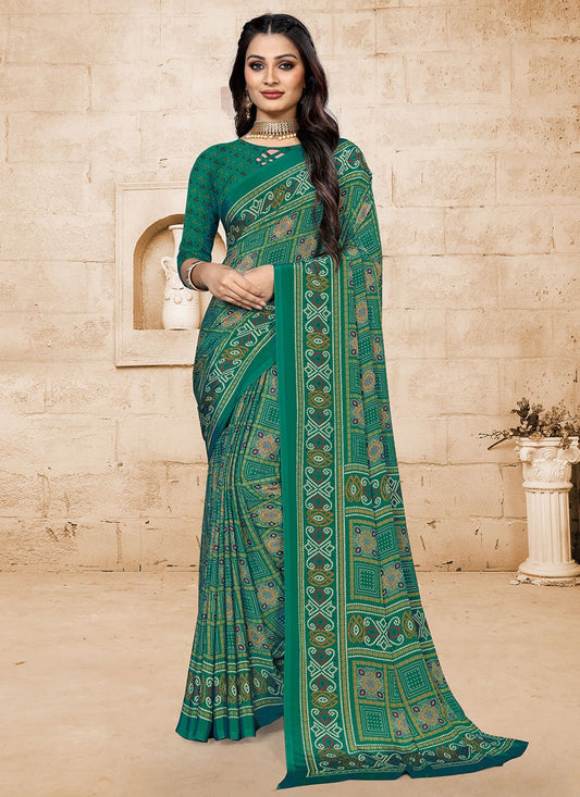 Contemporary Faux Crepe Green Print Saree