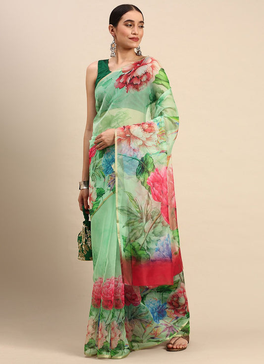 Casual Organza Green Print Saree