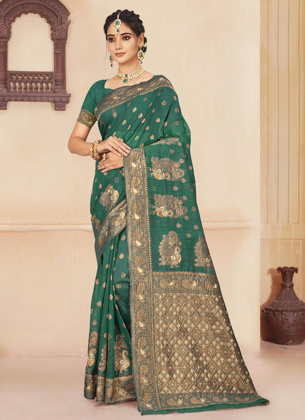 Casual Cotton Silk Green Embroidered Saree