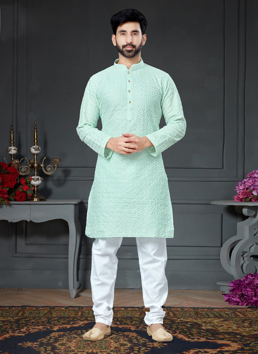 Kurta Pyjama Art Silk Cotton Green Embroidered Mens