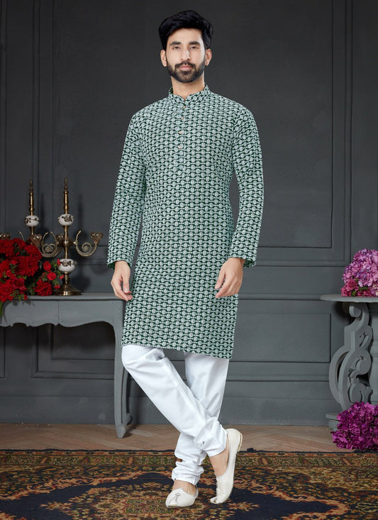 Kurta Pyjama Art Silk Cotton Green Embroidered Mens