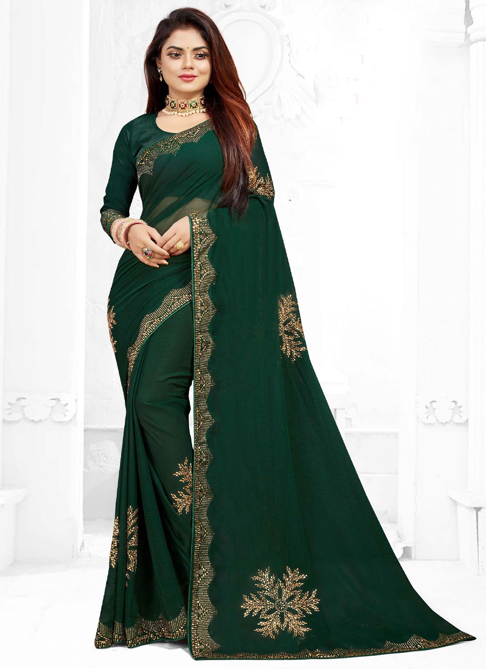 Contemporary Georgette Green Lace Saree