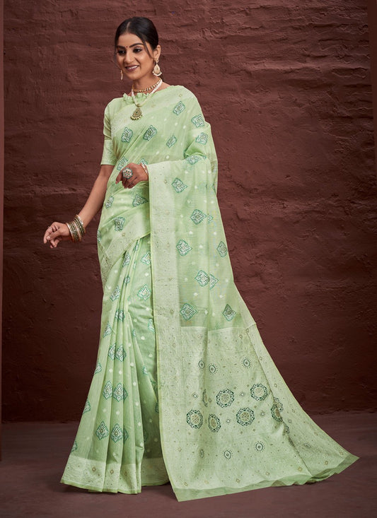 Designer Cotton Green Embroidered Saree