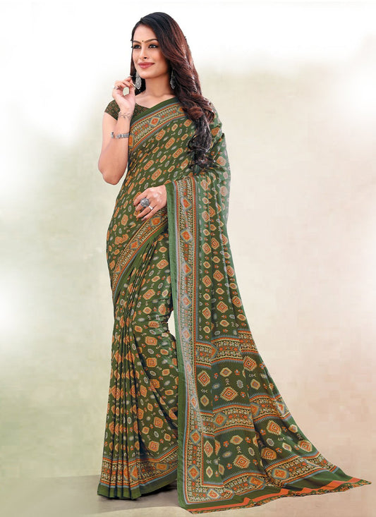 Contemporary Faux Crepe Green Print Saree