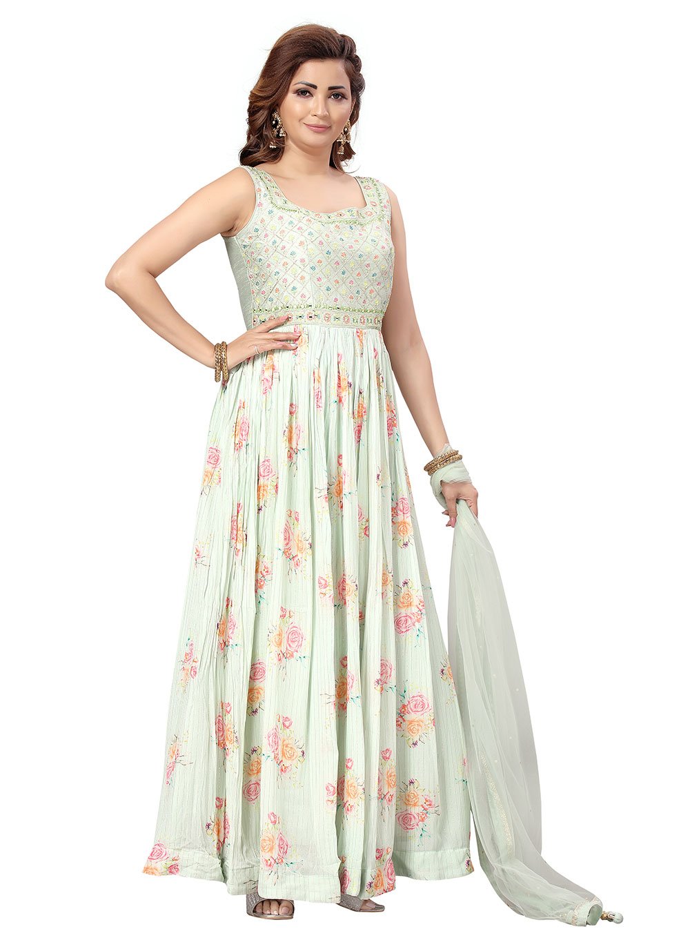 Anarkali Suit Georgette Green Floral Patch Salwar Kameez