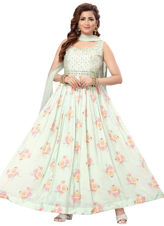 Anarkali Suit Georgette Green Floral Patch Salwar Kameez