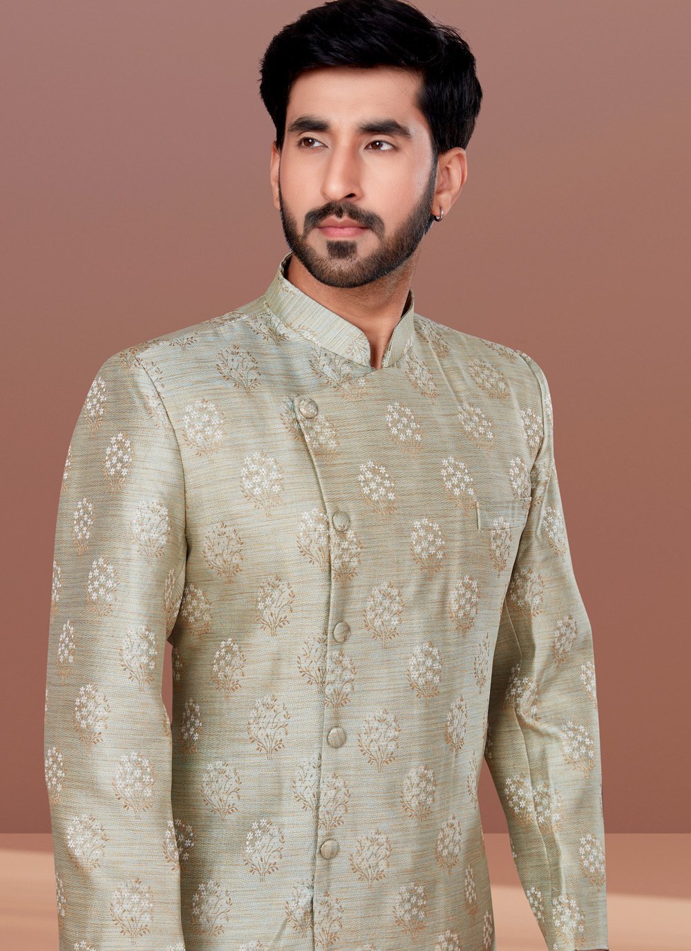 Indo Western Jacquard Green Fancy Work Mens