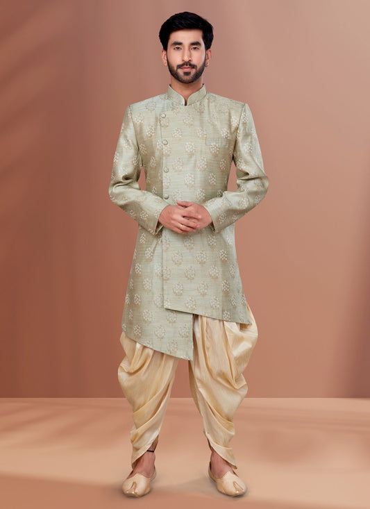 Indo Western Jacquard Green Fancy Work Mens