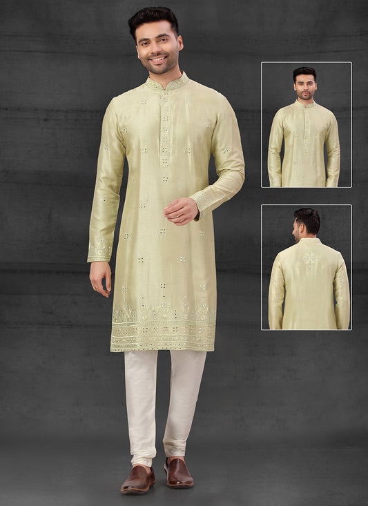 Kurta Pyjama Silk Green Embroidered Mens