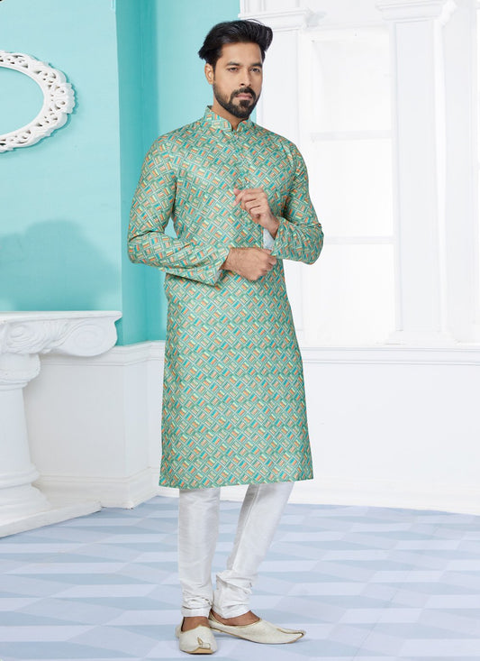 Kurta Pyjama Cotton Green Digital Print Mens