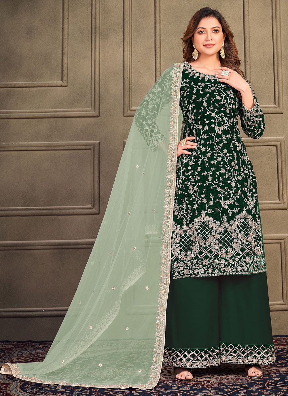 Palazzo Salwar Suit Velvet Green Embroidered Salwar Kameez