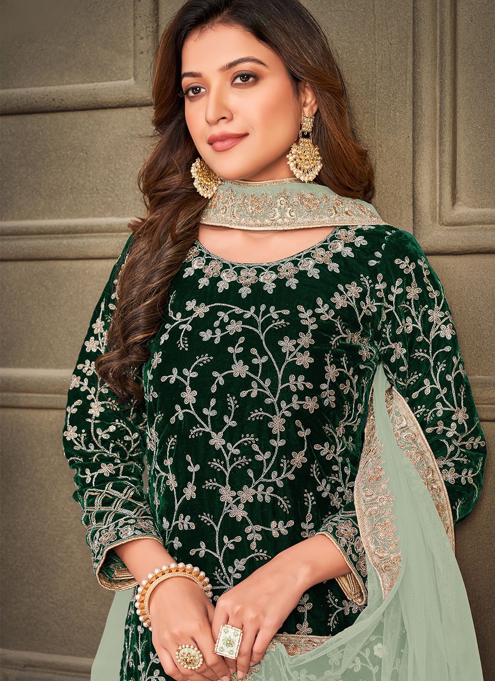 Palazzo Salwar Suit Velvet Green Embroidered Salwar Kameez