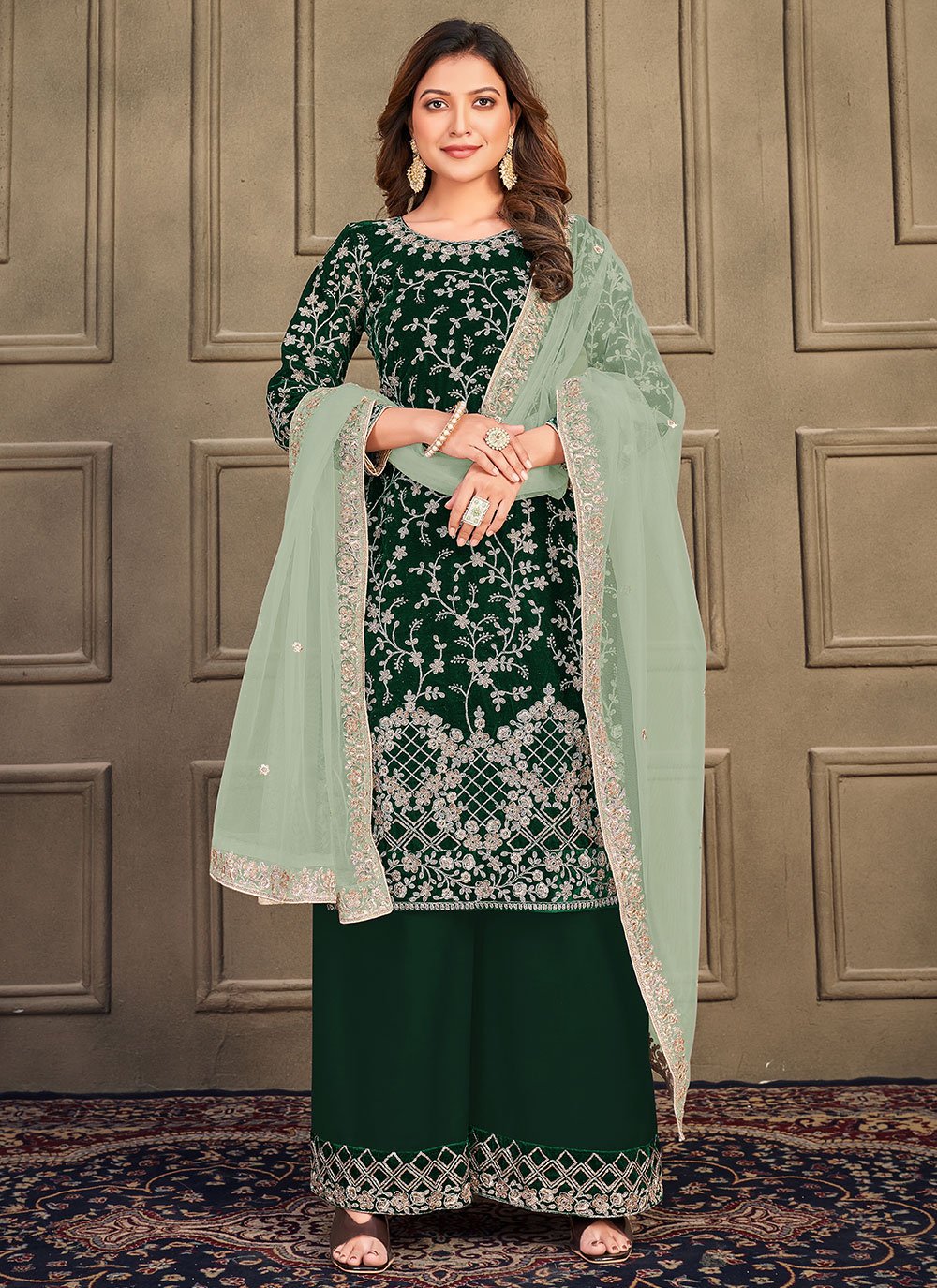 Palazzo Salwar Suit Velvet Green Embroidered Salwar Kameez