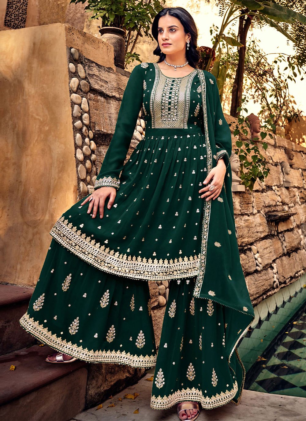 Salwar Suit Georgette Green Embroidered Salwar Kameez