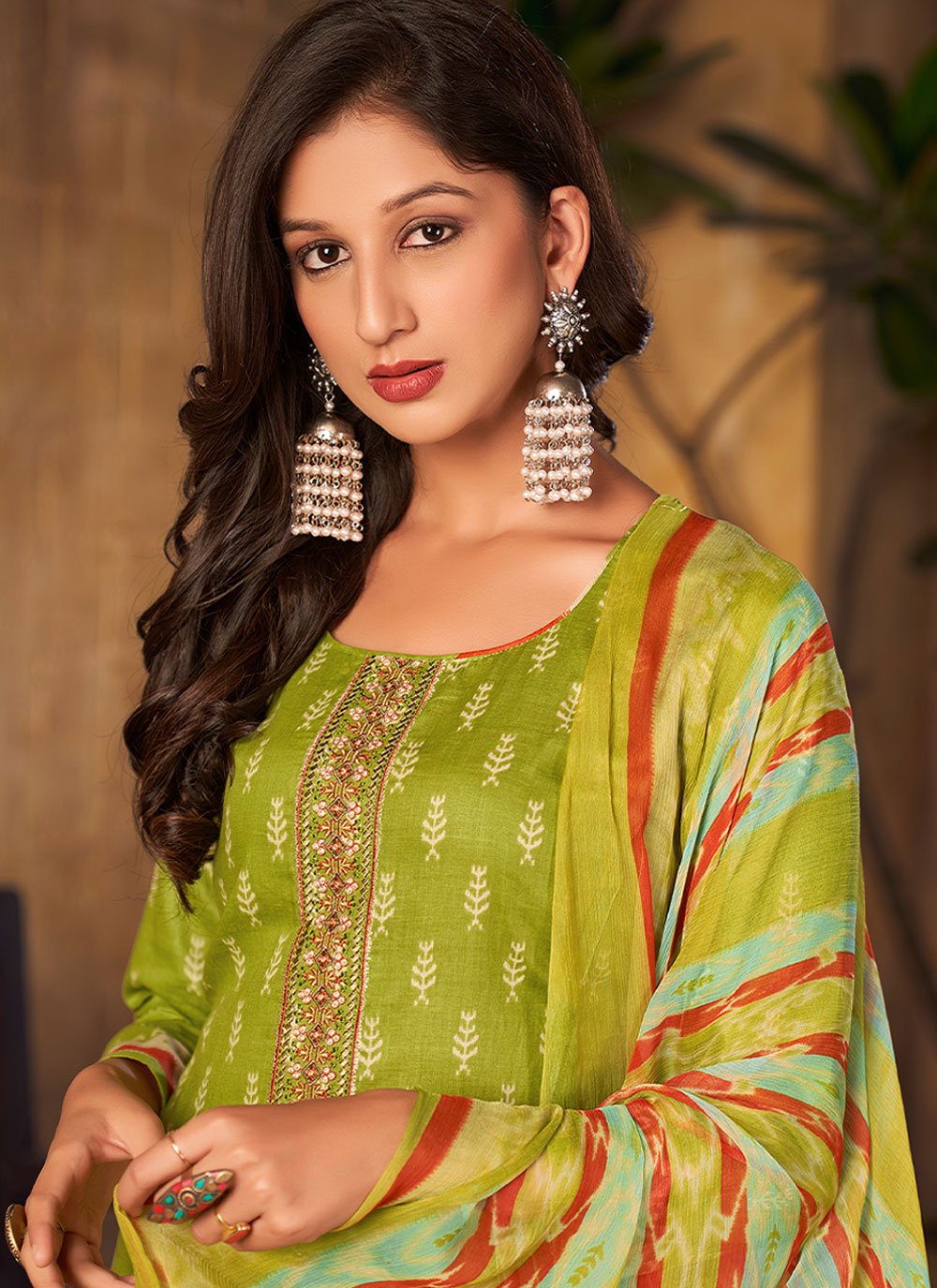 Salwar Suit Pashmina Green Digital Print Salwar Kameez