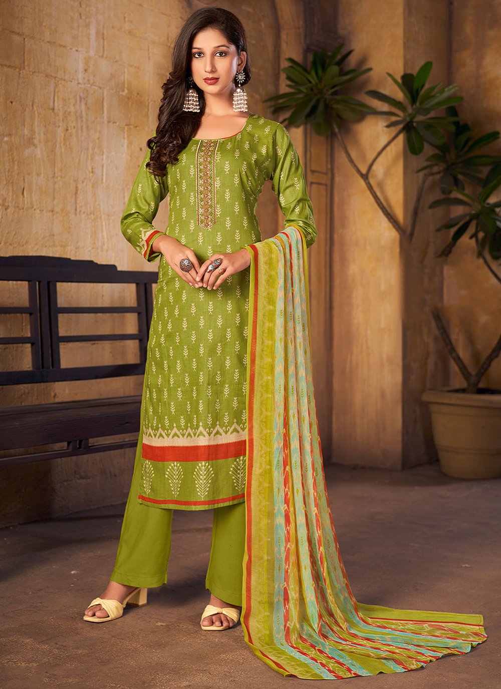 Salwar Suit Pashmina Green Digital Print Salwar Kameez