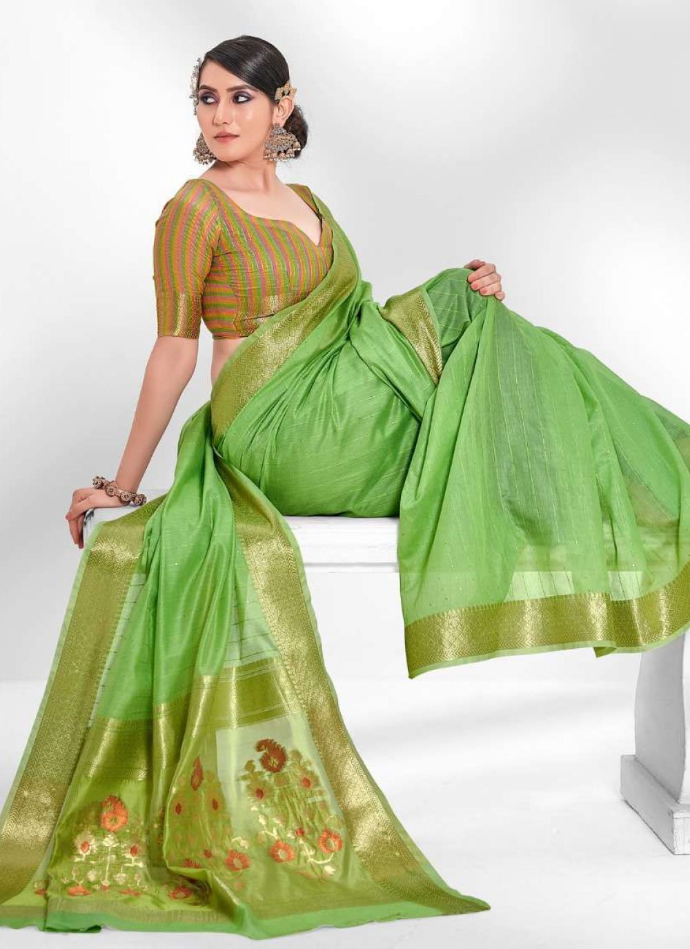 Trendy Saree Cotton Green Sequins Saree