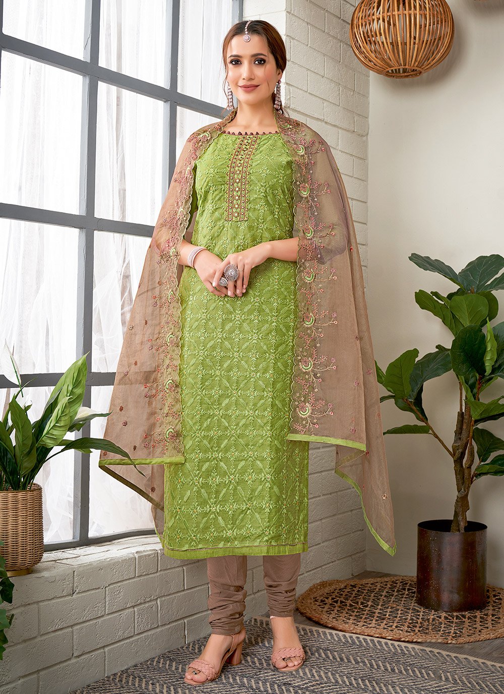 Churidar Suit Chanderi Green Embroidered Salwar Kameez