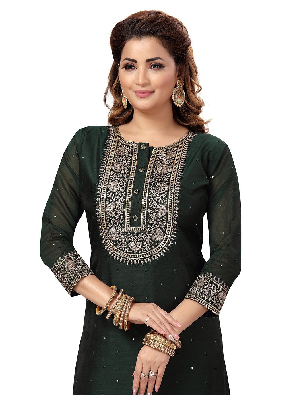 Salwar Suit Chanderi Green Embroidered Salwar Kameez