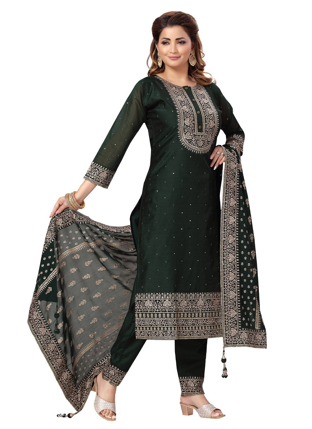 Salwar Suit Chanderi Green Embroidered Salwar Kameez