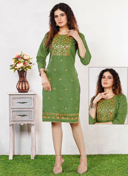 Party Wear Kurti Chanderi Silk Green Embroidered Kurtis