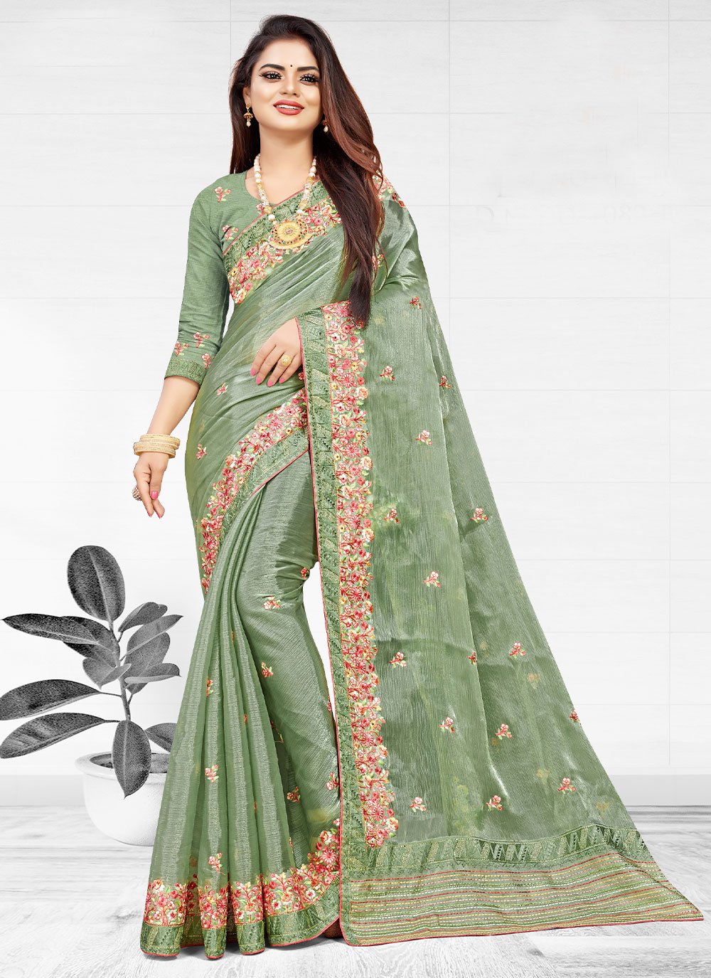 Classic Chiffon Green Embroidered Saree