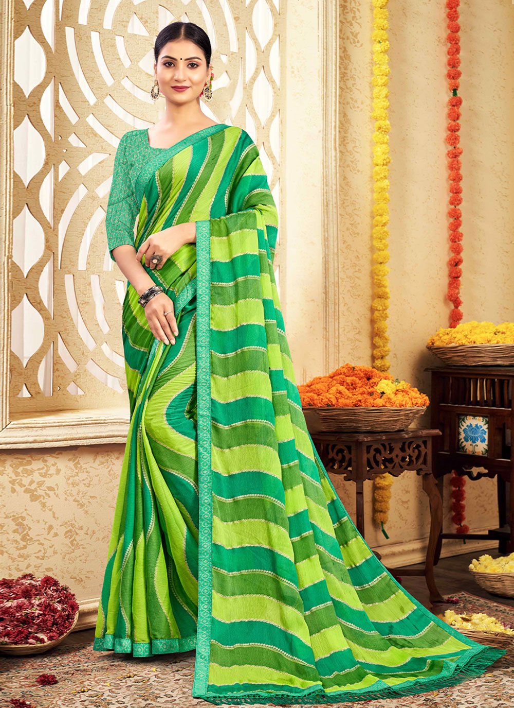 Classic Chiffon Green Patch Border Saree