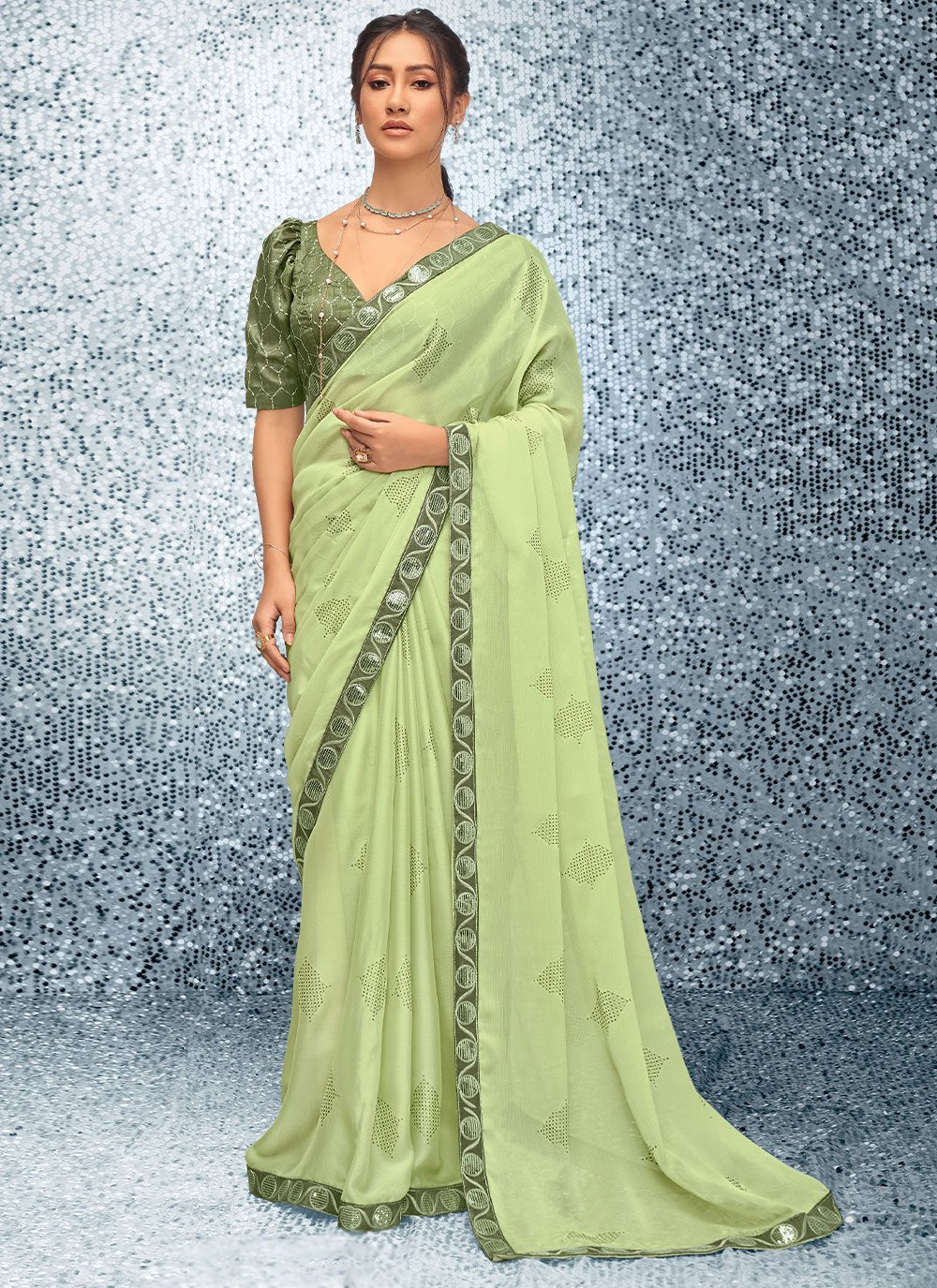 Contemporary Chiffon Green Embroidered Saree