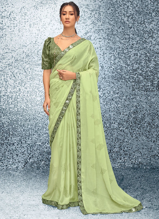 Contemporary Chiffon Green Embroidered Saree