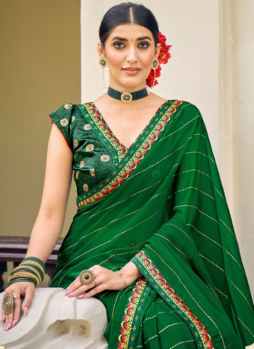 Contemporary Chiffon Green Embroidered Saree