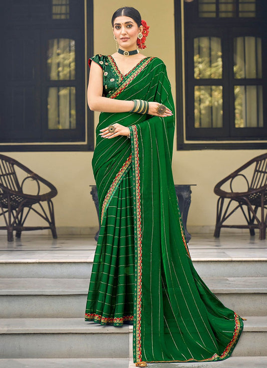 Contemporary Chiffon Green Embroidered Saree