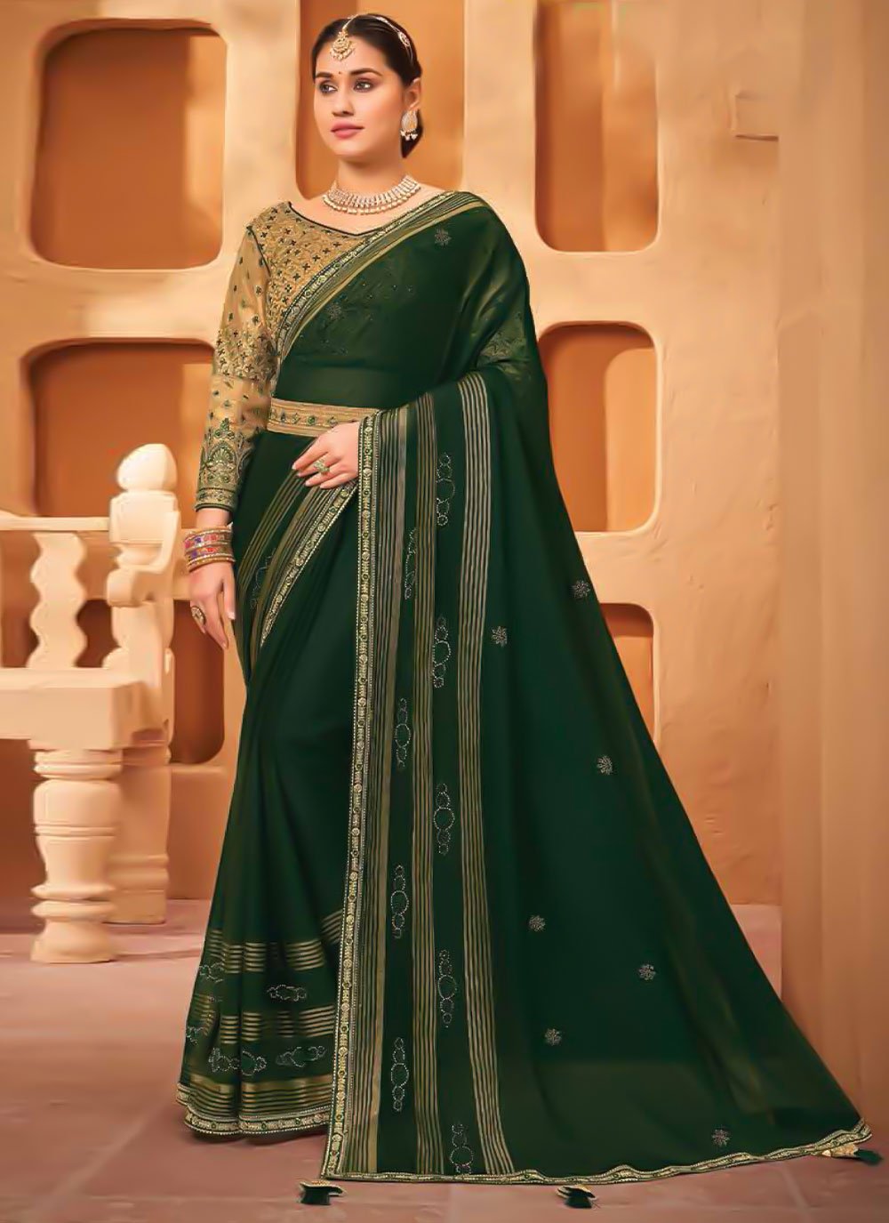 Classic Chiffon Green Embroidered Saree