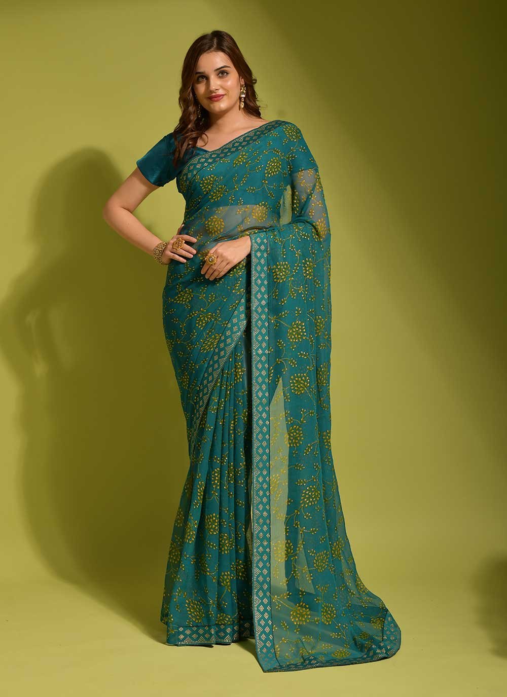 Contemporary Chiffon Green Print Saree