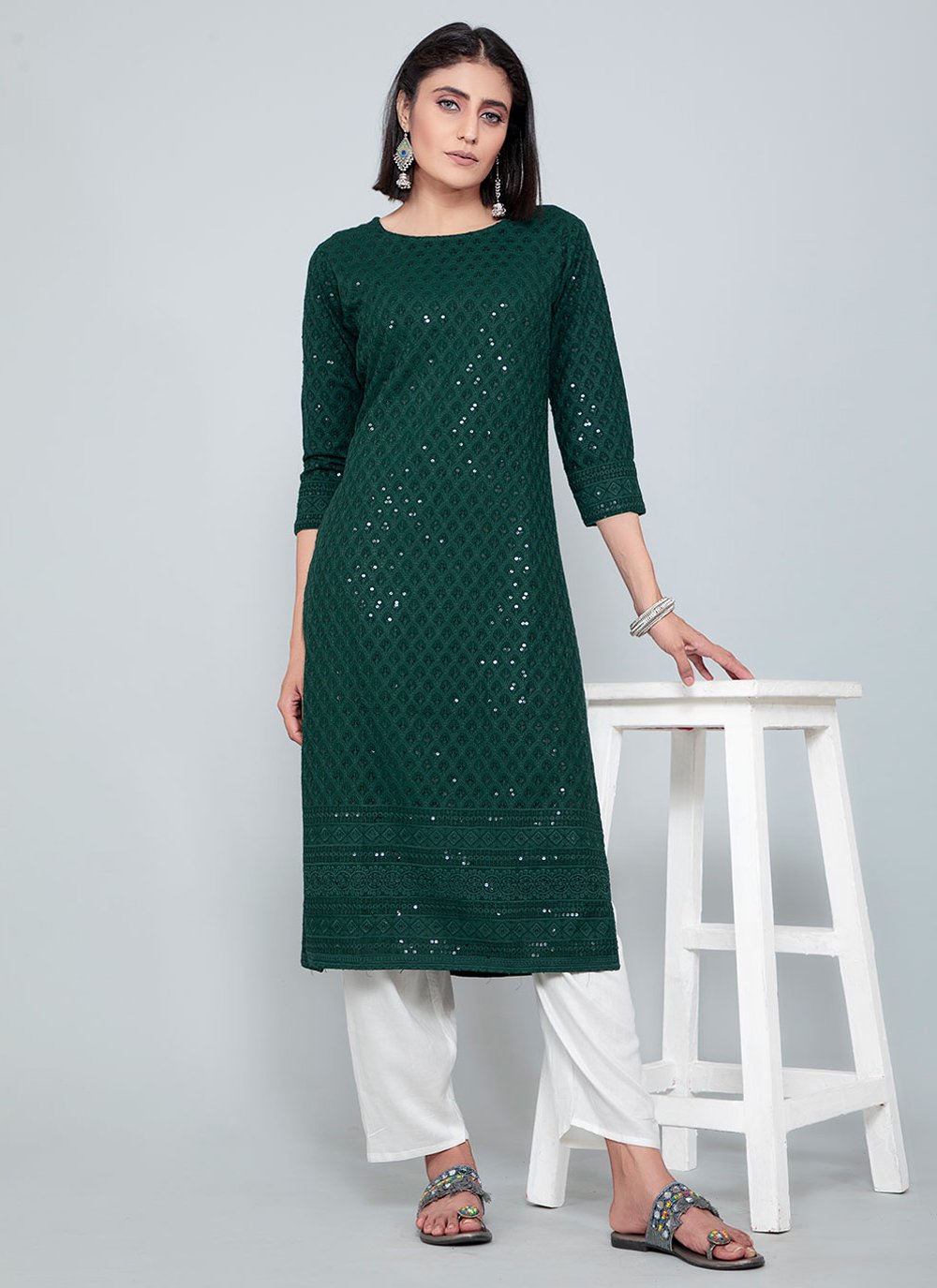 Casual Kurti Rayon Green Chikankari Work Kurtis