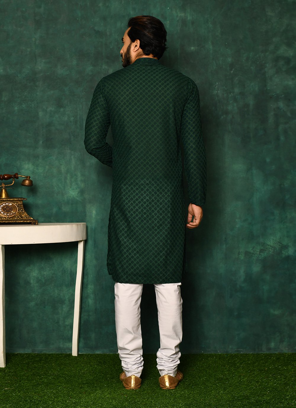 Kurta Pyjama Cotton Green Chikankari Work Mens