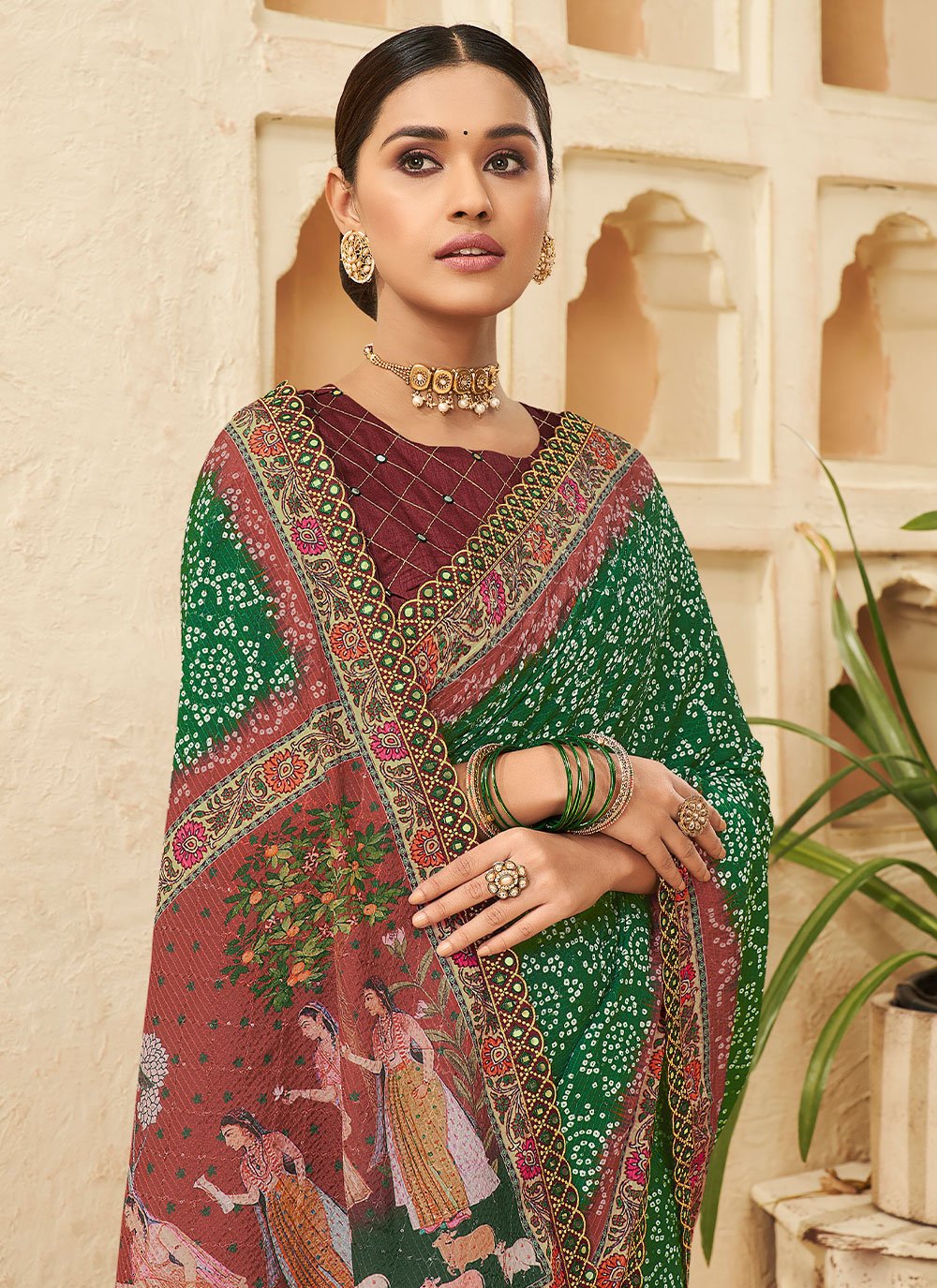 Classic Chinon Green Bandhej Saree