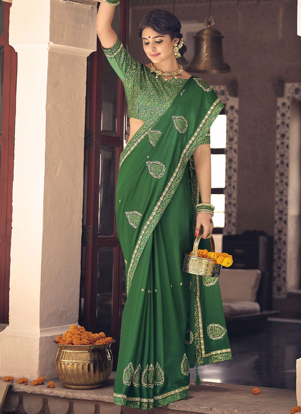 Contemporary Chinon Green Embroidered Saree