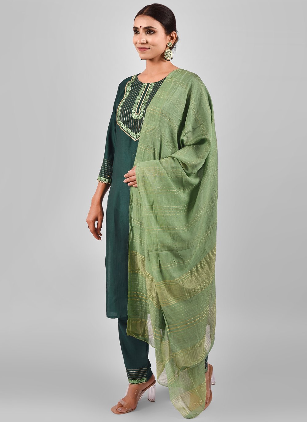 Pant Style Suit Chinon Silk Green Fancy Work Salwar Kameez