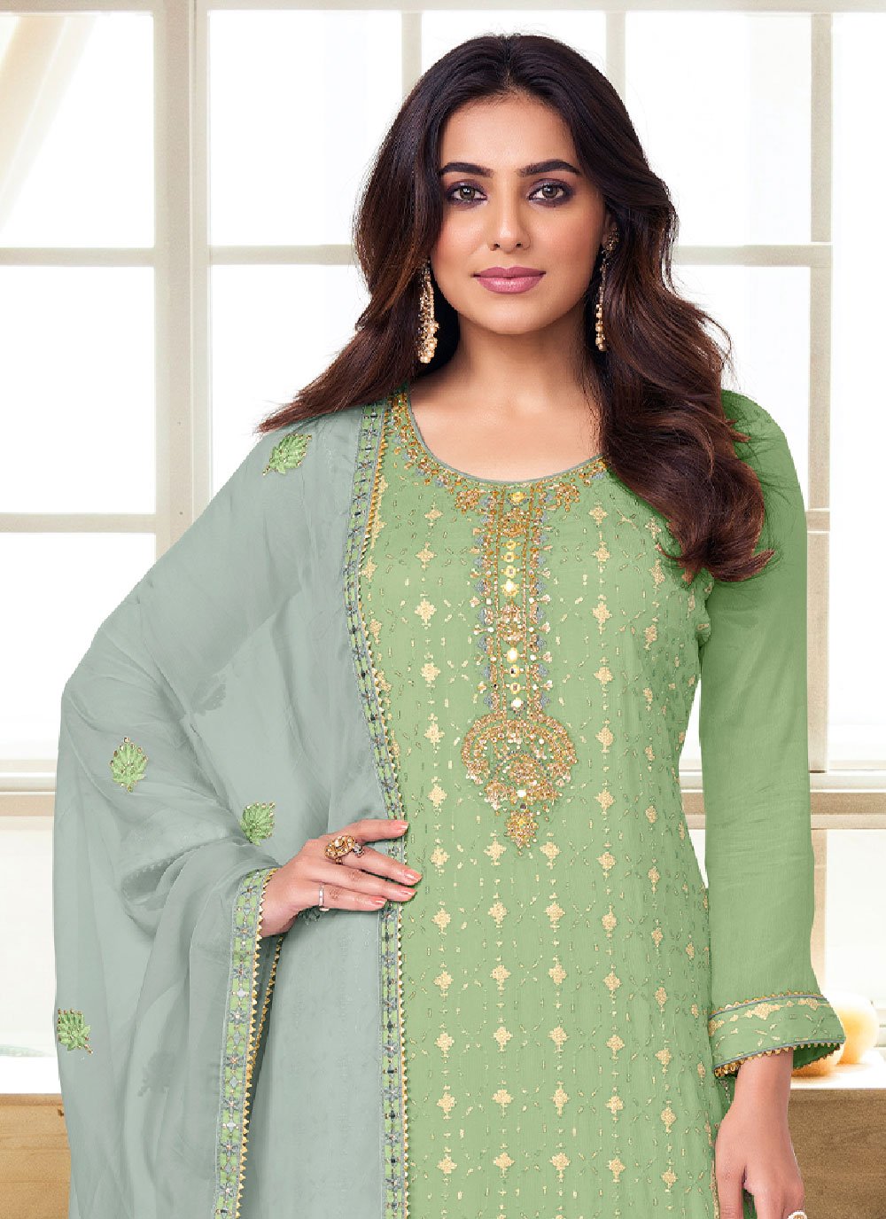 Salwar Suit Chinon Green Embroidered Salwar Kameez