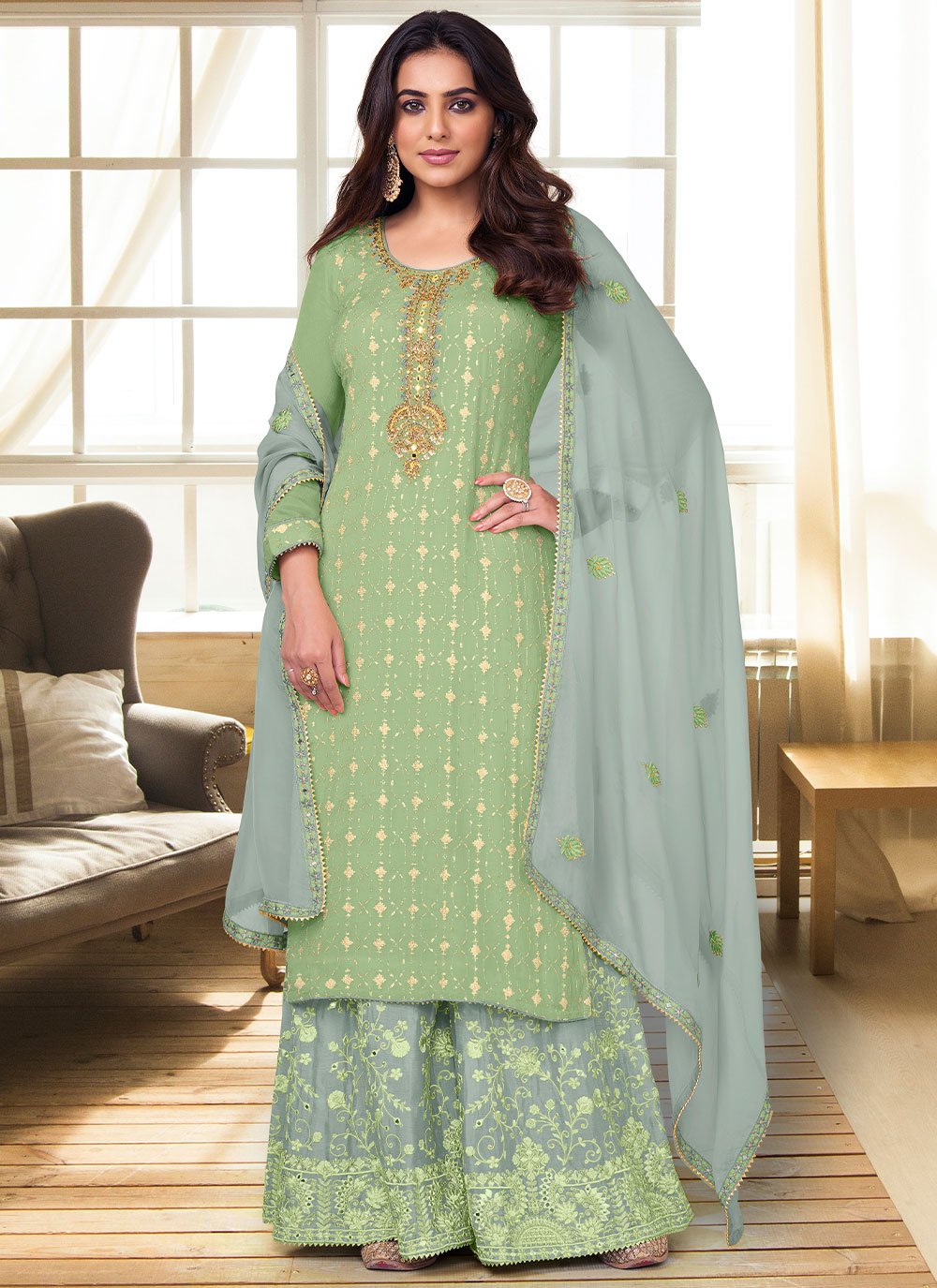 Salwar Suit Chinon Green Embroidered Salwar Kameez