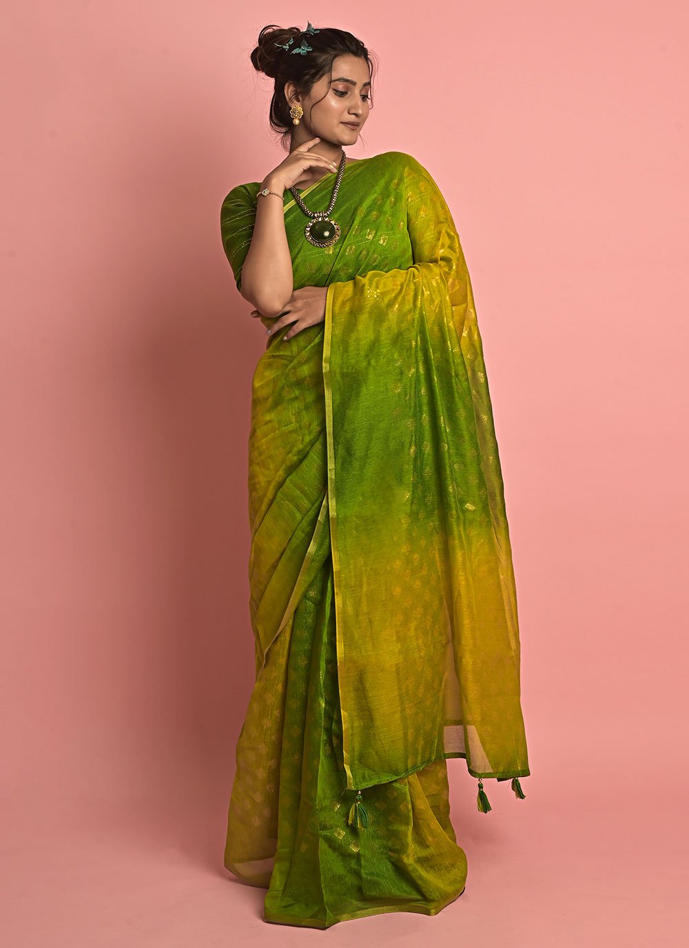 Classic Cotton Green Fancy Work Saree