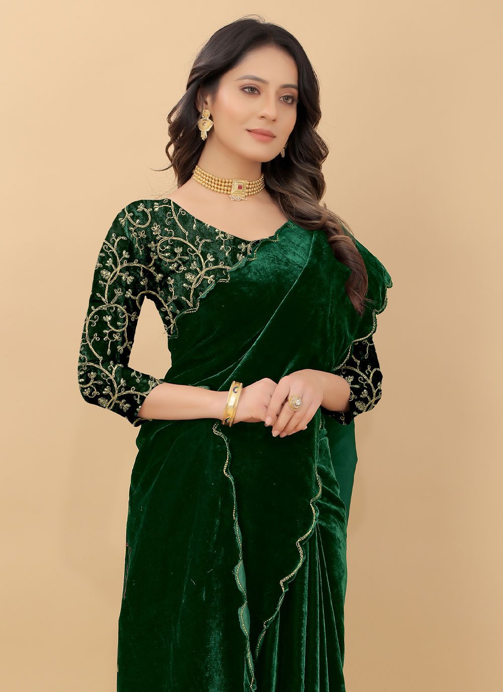 Classic Velvet Green Embroidered Saree