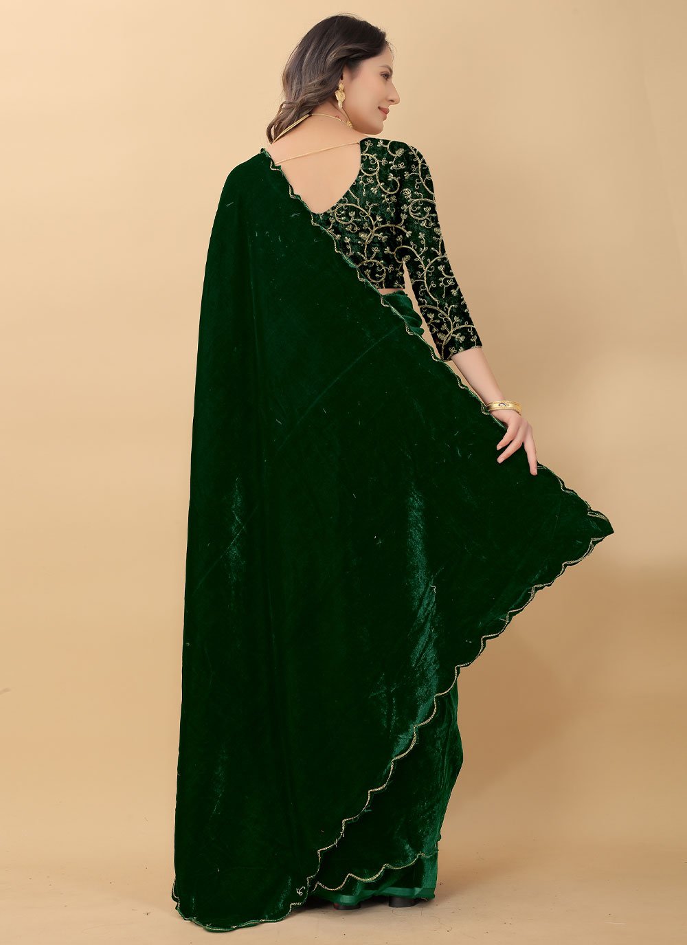 Classic Velvet Green Embroidered Saree