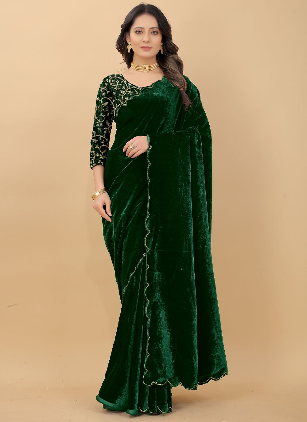 Classic Velvet Green Embroidered Saree