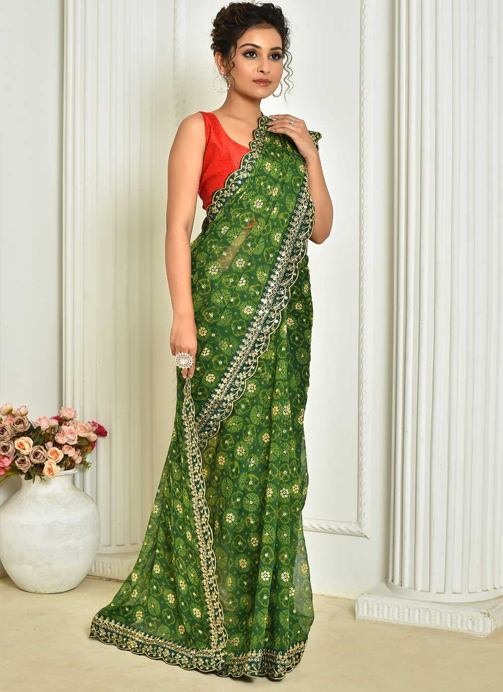 Classic Georgette Green Embroidered Saree