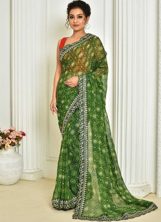 Classic Georgette Green Embroidered Saree