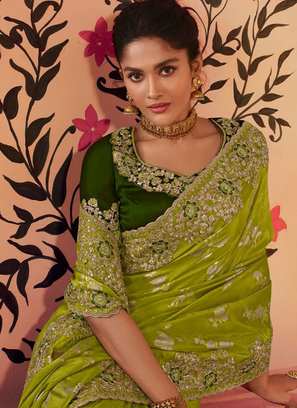 Classic Chinon Georgette Green Embroidered Saree